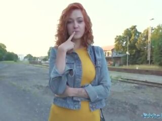 Public Agent voluptuous redhead waitress sucks manhood and gets fucked doggystyle outside in public